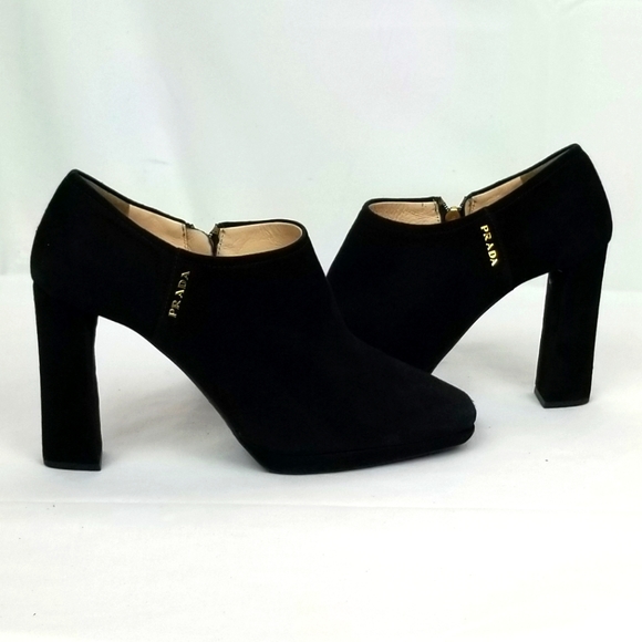 Prada Black Suede Block Heels Ankle Boots 37.5 - Picture 3 of 10
